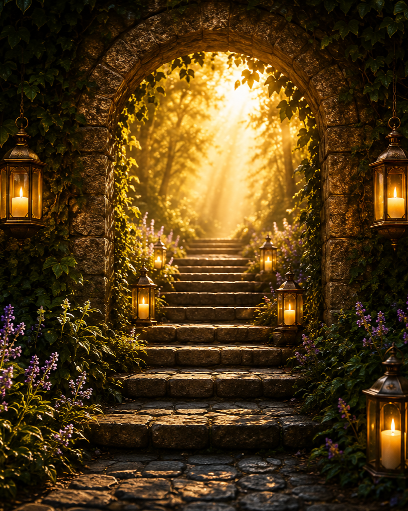 Stone staircase leading to a sunlit forest archway, flanked by lit lanterns and surrounded by lush greenery and purple flowers.