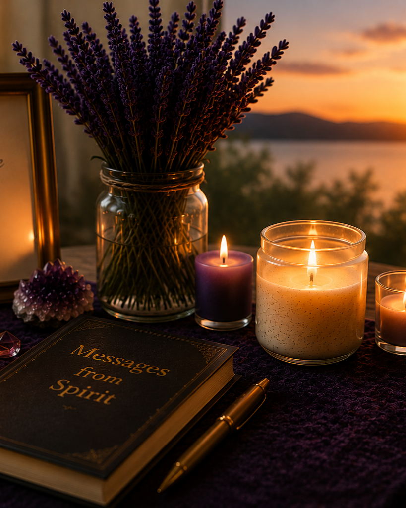 A notebook titled "Messages from Spirit" with a gold pen resting on it, surrounded by lit candles, a jar of lavender flowers, and a crystal, set on a dark cloth with a sunset view in the background.