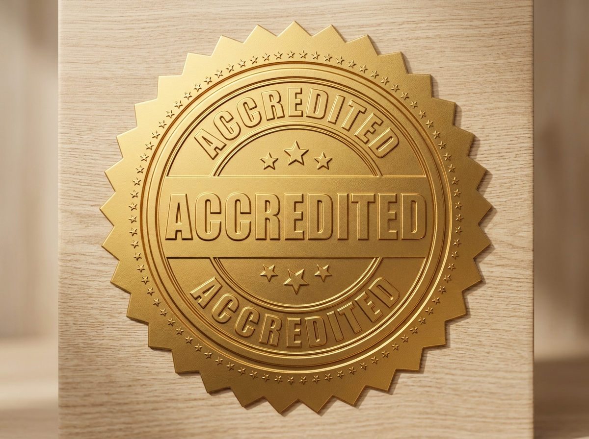A gold-colored embossed seal with the word "ACCREDITED" in the center, surrounded by the words "ACCREDITED" at the top and bottom, and decorative stars.