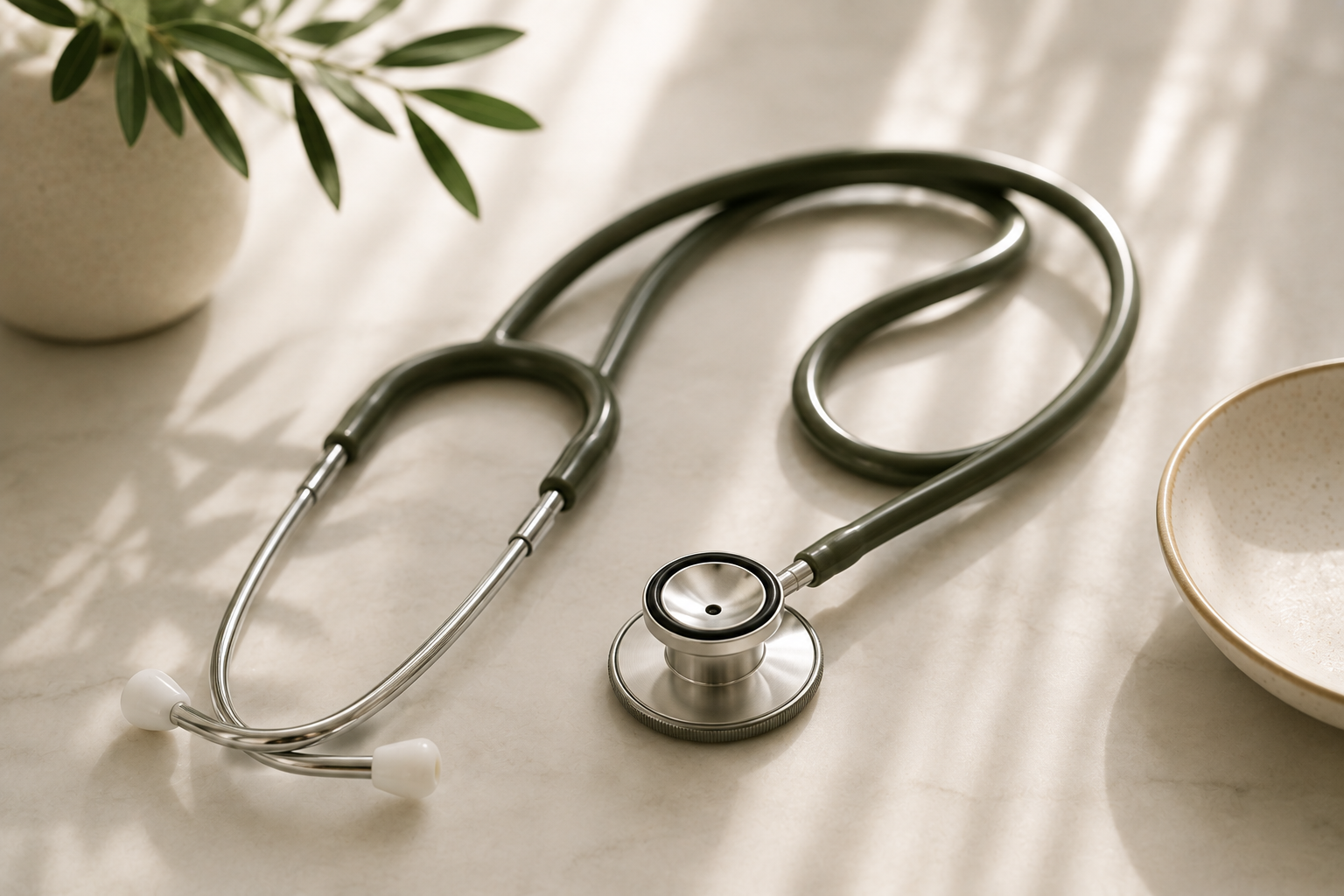 Stethoscope on a light-colored surface with a potted plant and a bowl nearby.