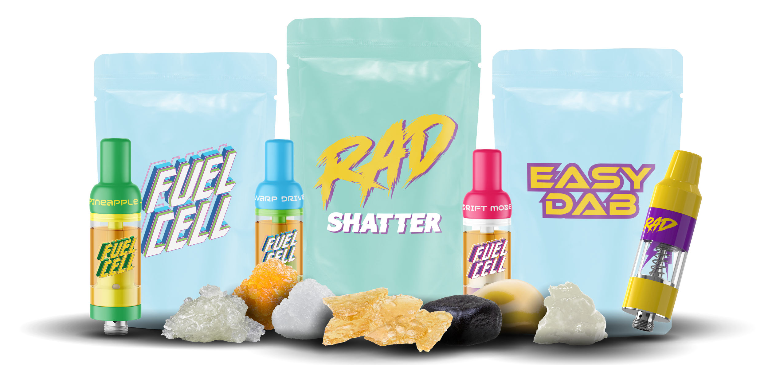Assorted colorful vaping products with flavors and packaging, surrounded by stones and rocks.