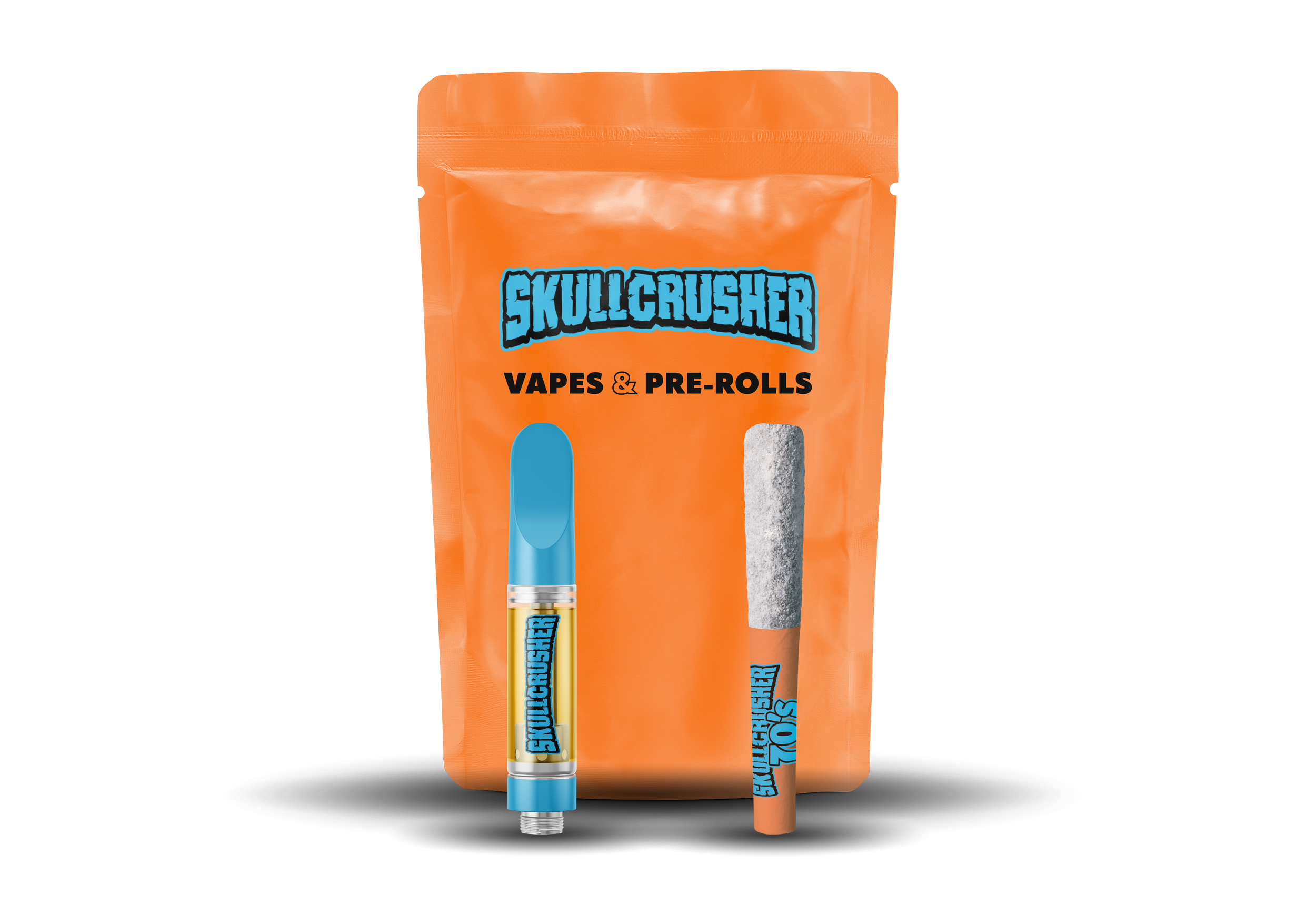 Orange package labeled 'Skullcrusher Vapes & Pre-Rolls' with a blue and yellow vape pen illustration, a grey pre-roll, and a blue vape pod.