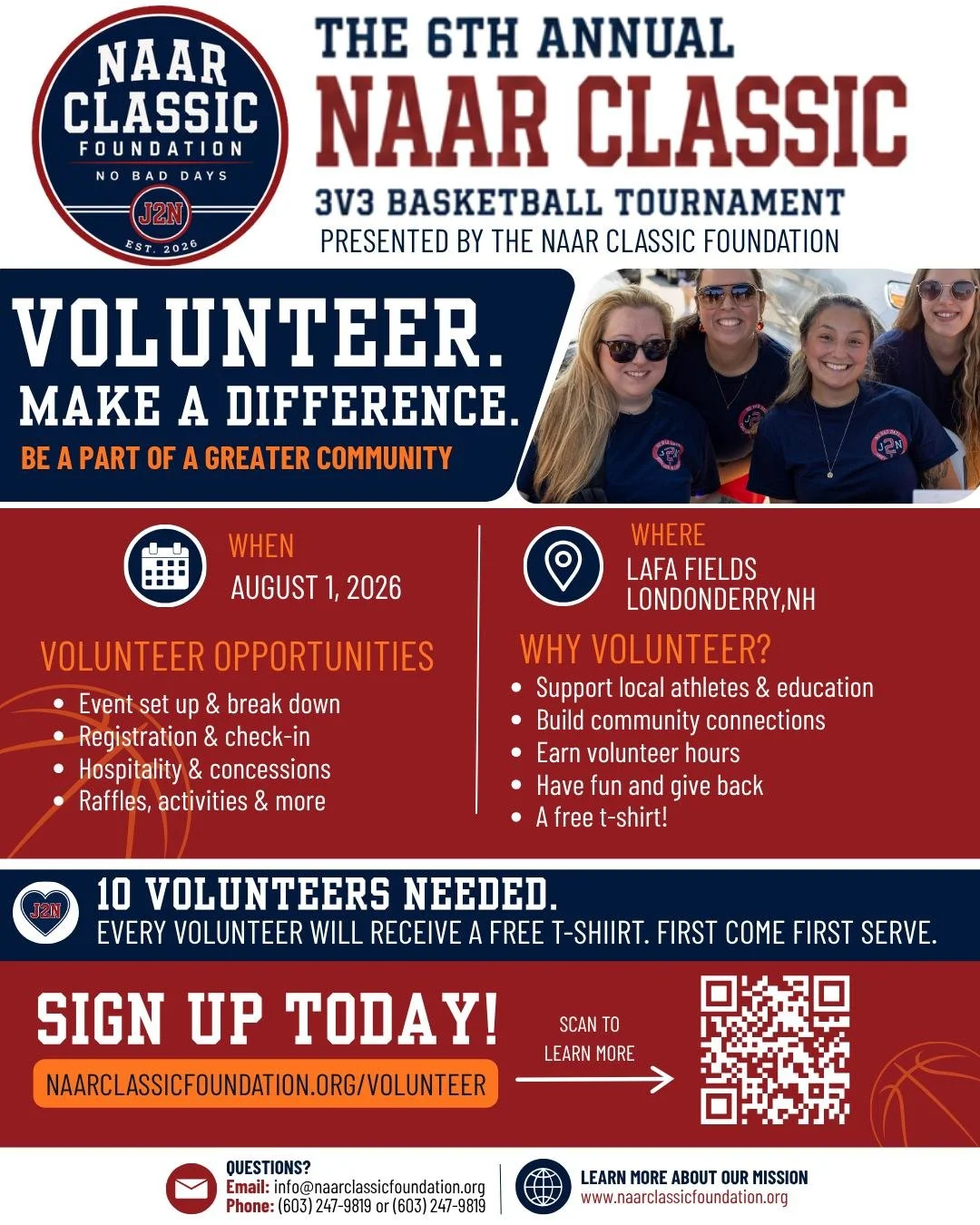 VOLUNTEERS NEEDED 🏀❤️

We&rsquo;re currently looking for 10 volunteers to help on the day of the 6th Annual Naar Classic!

We need help with:
✔️ Event setup
✔️ Registration &amp; check-in
✔️ Raffle coordination
✔️ Merchandise table
✔️ Scorekeeping
✔
