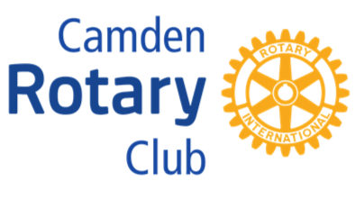 Camden Rotary Club logo featuring blue text and a yellow gear symbol.