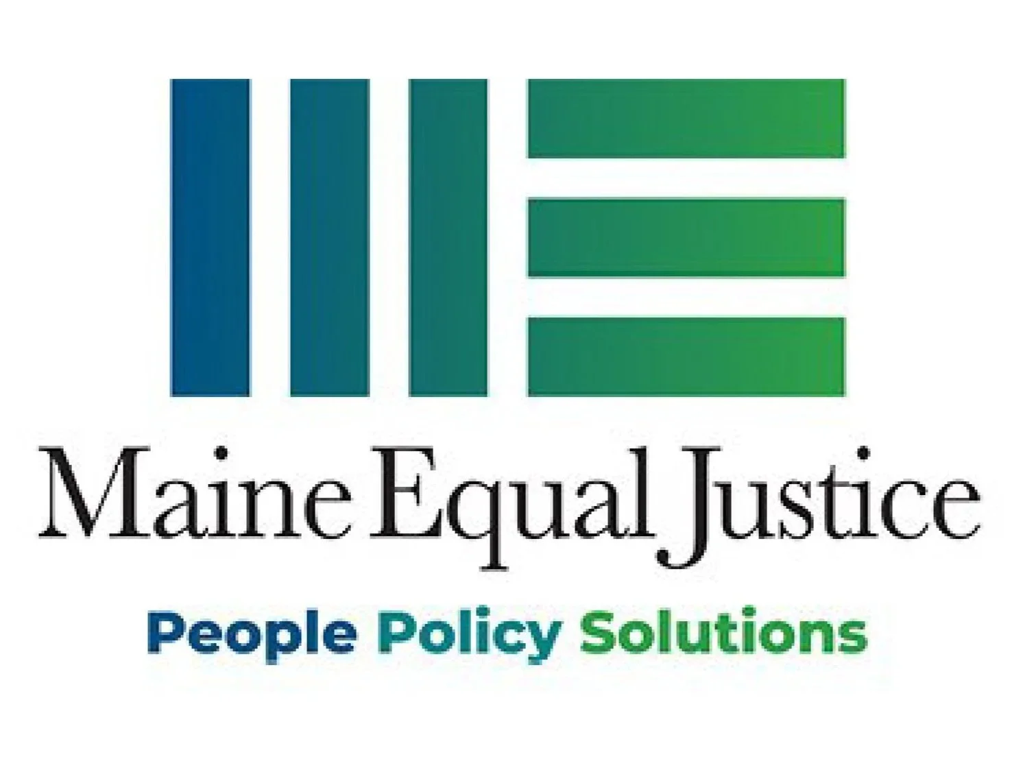 Logo of Maine Equal Justice with three vertical bars in shades of blue and green, and the words 'Maine Equal Justice' with the tagline 'People Policy Solutions'.