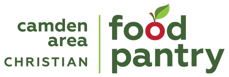 Logo for Camden Area Christian Food Pantry, with green-colored text and a red apple design.