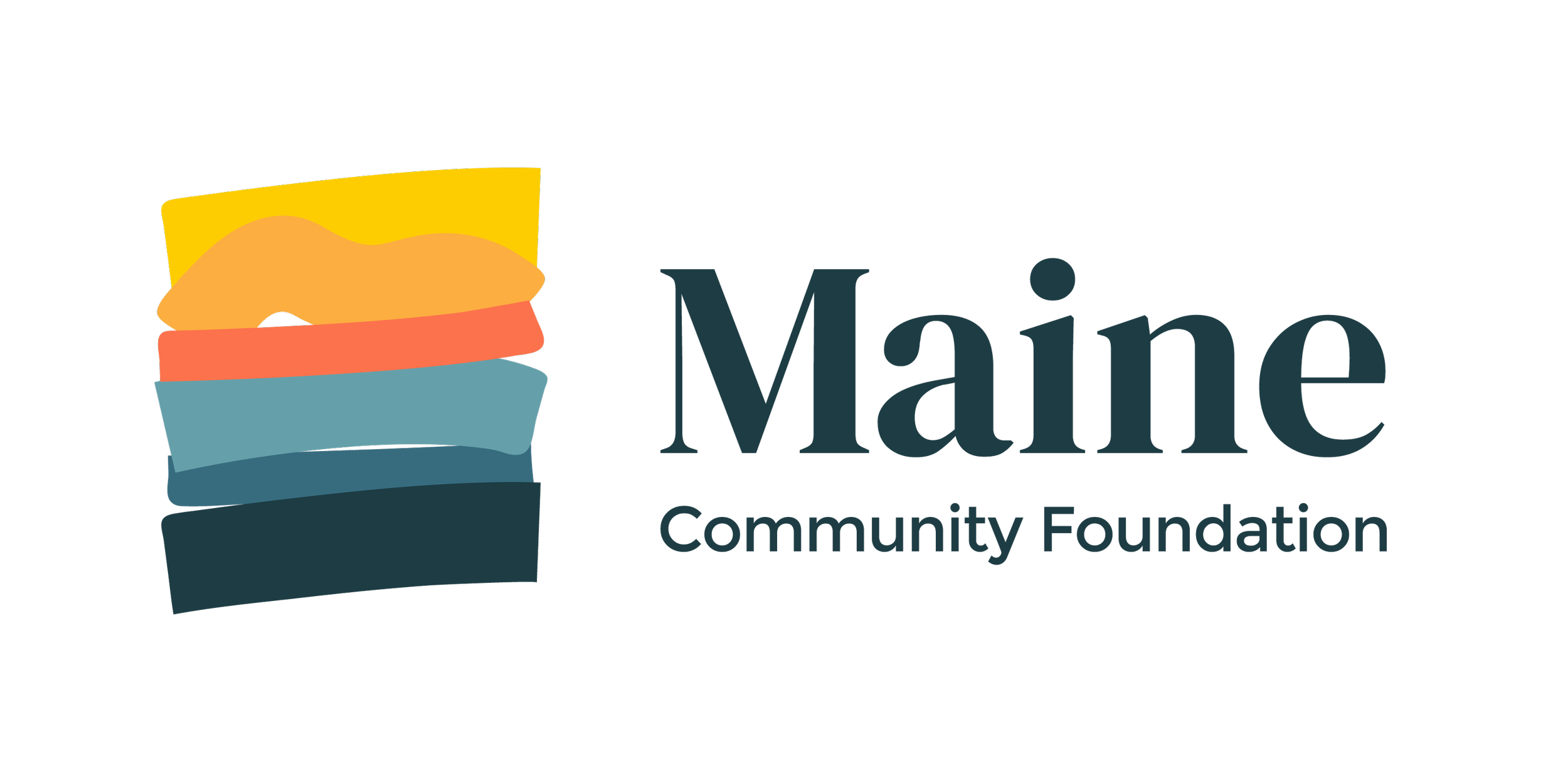 Graphic logo for Maine Community Foundation featuring a stylized, multicolored stack of abstract shapes resembling a flower or layered elements beside the text 'Maine' in large font and 'Community Foundation' below.