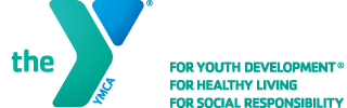 YMCA logo with text promoting youth development, healthy living, and social responsibility.