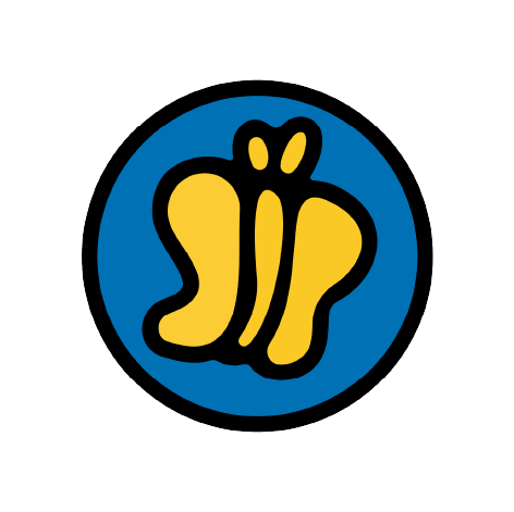 Yellow butterfly logo with black outline inside a blue circle