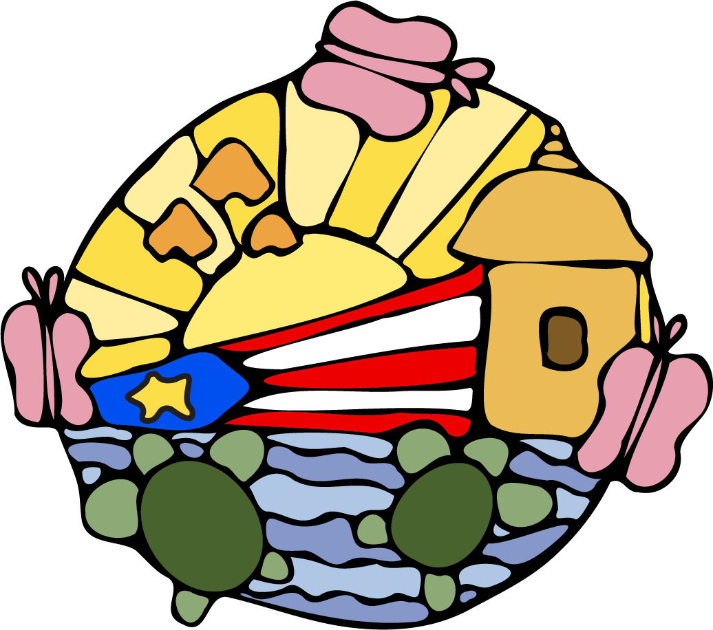 Colorful stained glass art depicting a beach scene with sailboat, lighthouse, rocks, water, and pink flowers.