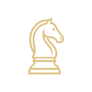 Logotipo de un caballo de caballero de ajedrez en color dorado sobre fondo negro.