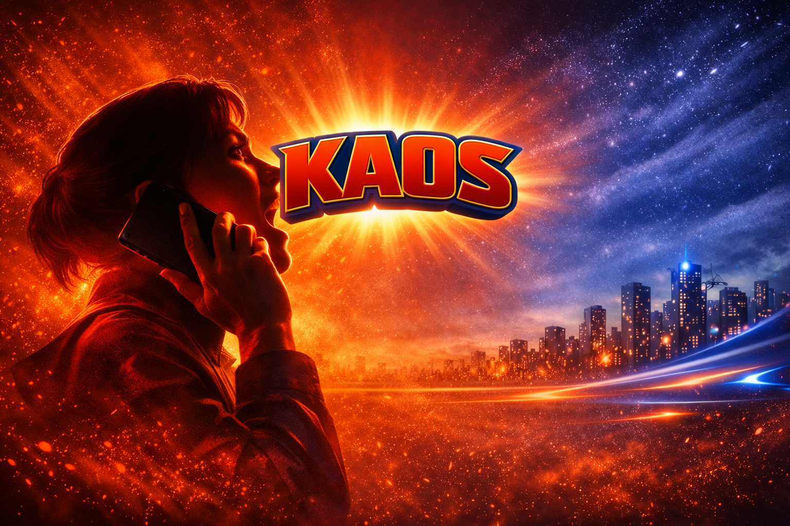 A silhouette of a woman shouting into a phone with a fiery explosion behind her, the word 'KAOS' in bold letters in the center, a city skyline in the distance, and a cosmic sky with stars and colorful streaks.