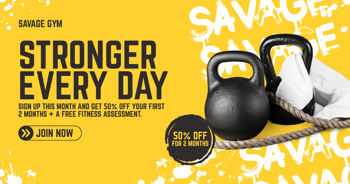 Yellow promotional flyer for Savage Gym featuring two kettlebells, a rope, and text about fitness discounts and sign-up offers.