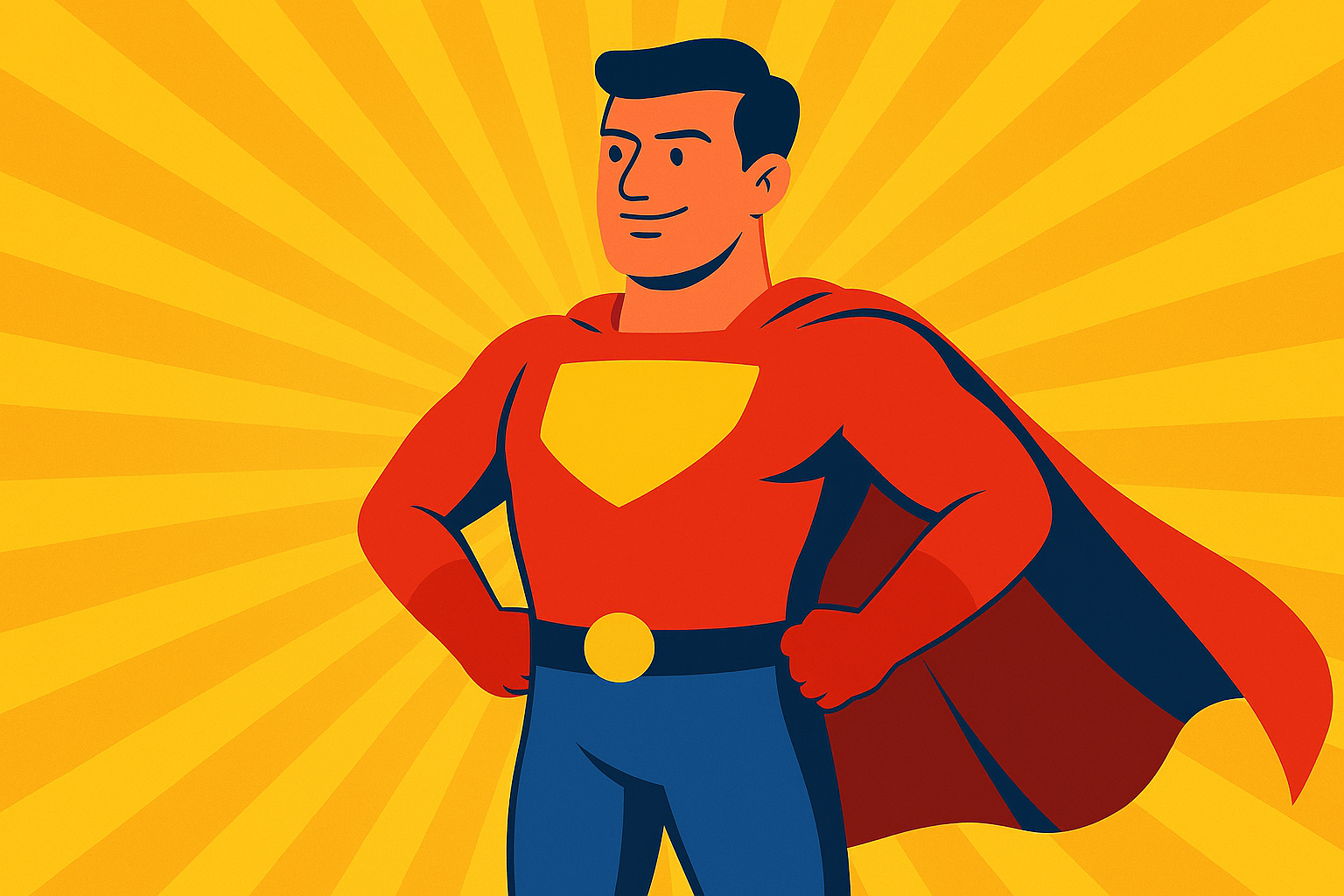 Illustration of a superhero man wearing a red cape and red shirt with a yellow emblem on the chest, standing confidently with hands on hips against a yellow radiating background.