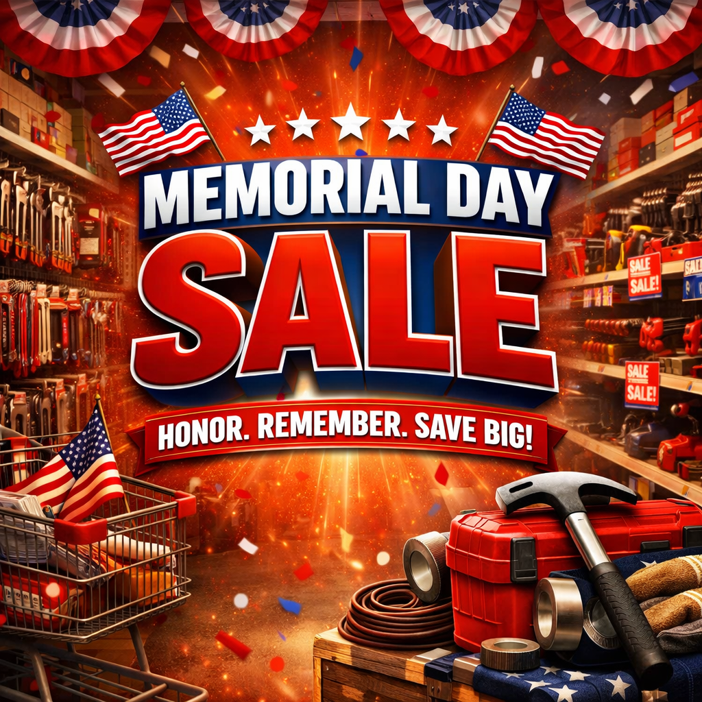 Promotional poster for a Memorial Day sale featuring American flags, fireworks, and sale signs, with tools and hardware supplies displayed for sale.