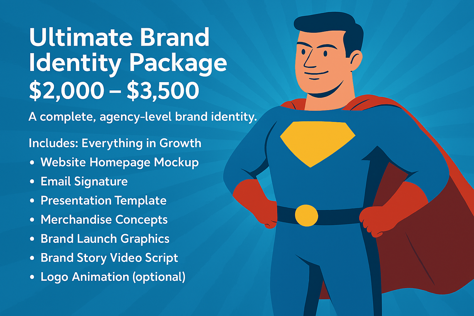 Animated superhero figure in a blue suit with a yellow emblem on his chest, red cape, and confident pose, alongside promotional text for a brand identity package priced between $2,000 and $3,500.