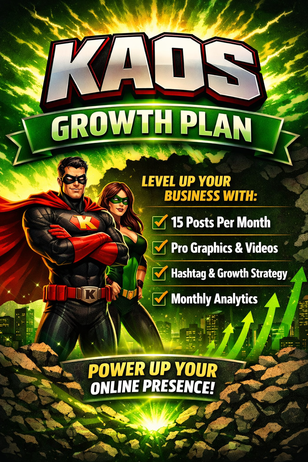 Comic-style graphic promoting an online business growth plan, featuring superheroes with a cityscape background and green upward arrows.