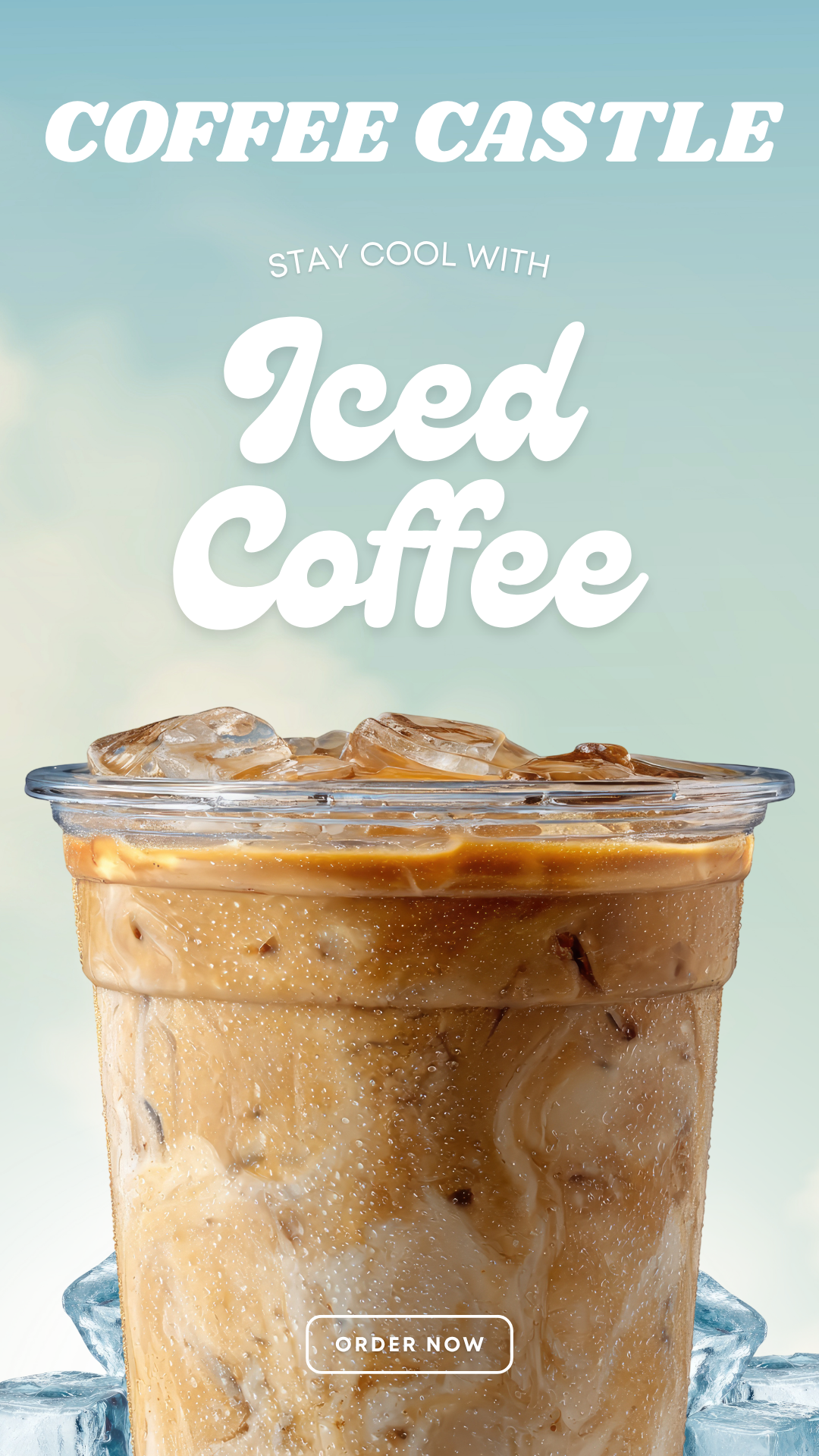 A glass of iced coffee with ice cubes against a light blue background, with text promoting Coffee Castle and iced coffee, and a button to order now.