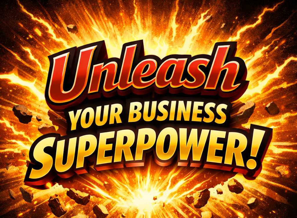 A bold graphic with a fiery explosion background and the text 'Uleash Your Business Superpower!'