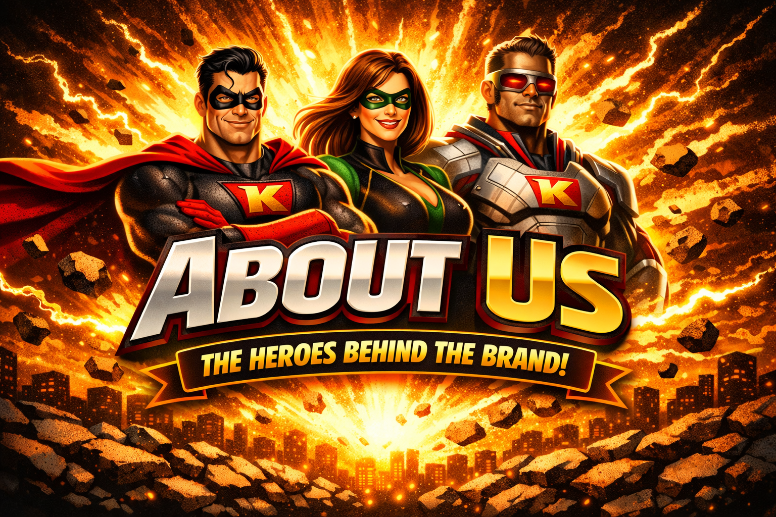 Illustration of three superheroes wearing costumes with a large 'K' on their chests, standing in front of an explosive background with debris and a city skyline, promoting a brand with the text 'About Us: The Heroes Behind the Brand!'