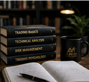 Stack of four books about trading, a black coffee mug with 'ARIO' logo, and an open notebook with a pen on a wooden desk, with a background of bookshelves and a plant.