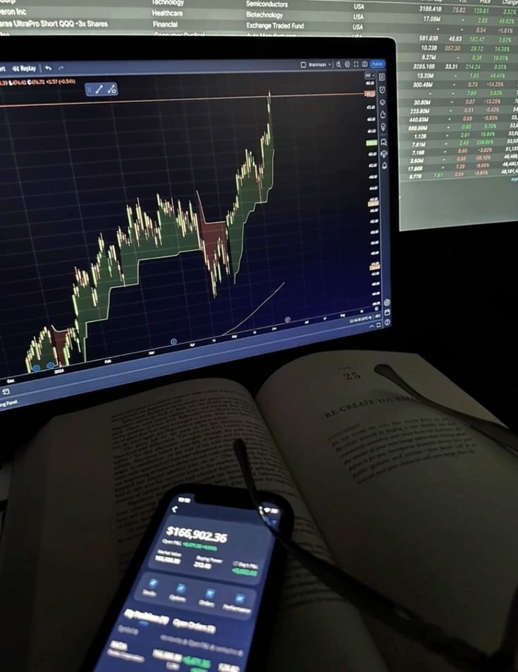 A computer screen shows a financial trading chart with ascending stock prices. A smartphone displays a digital account balance of over $166,000. An open book and glasses are also visible on the desk.