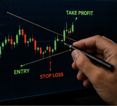 A person drawing trend lines on a financial chart with labeled entry, stop loss, and take profit points.
