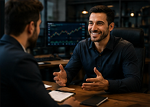 Two men having a discussion in an office, with computer monitors displaying data and graphs in the background.