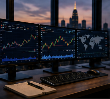 Multiple computer monitors displaying stock market graphs and world map, set in an office with a city skyline at sunset in the background.