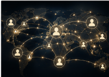 World map with interconnected icons representing global network connections between people.