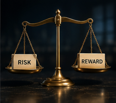 A gold balance scale with a risk sign on the left side and a reward sign on the right side.