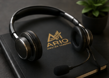Black ARIO gaming headset with attached microphone resting on a black surface