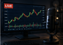 Computer monitor displaying a stock market chart with green and red candlesticks and volume bars, next to a microphone, in a dark environment with a 'LIVE' indicator in the top left corner.