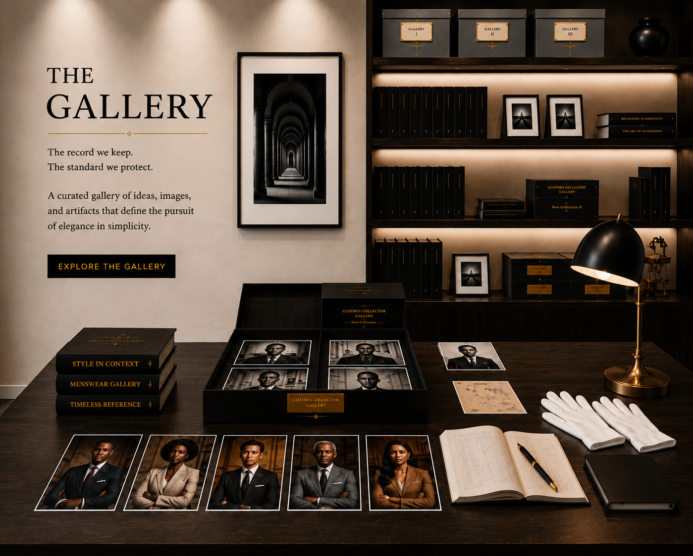 A curated gallery display featuring black and white and colored photographs of diverse professionals, with organized shelves of black boxes and books, a framed photograph of an architectural corridor, and reading materials on a wooden table, illuminated by a sleek black and gold desk lamp.