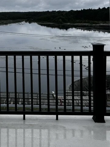 View of a river or lake with calm water reflecting trees along the shoreline, seen from a balcony with black metal railing and white flooring.