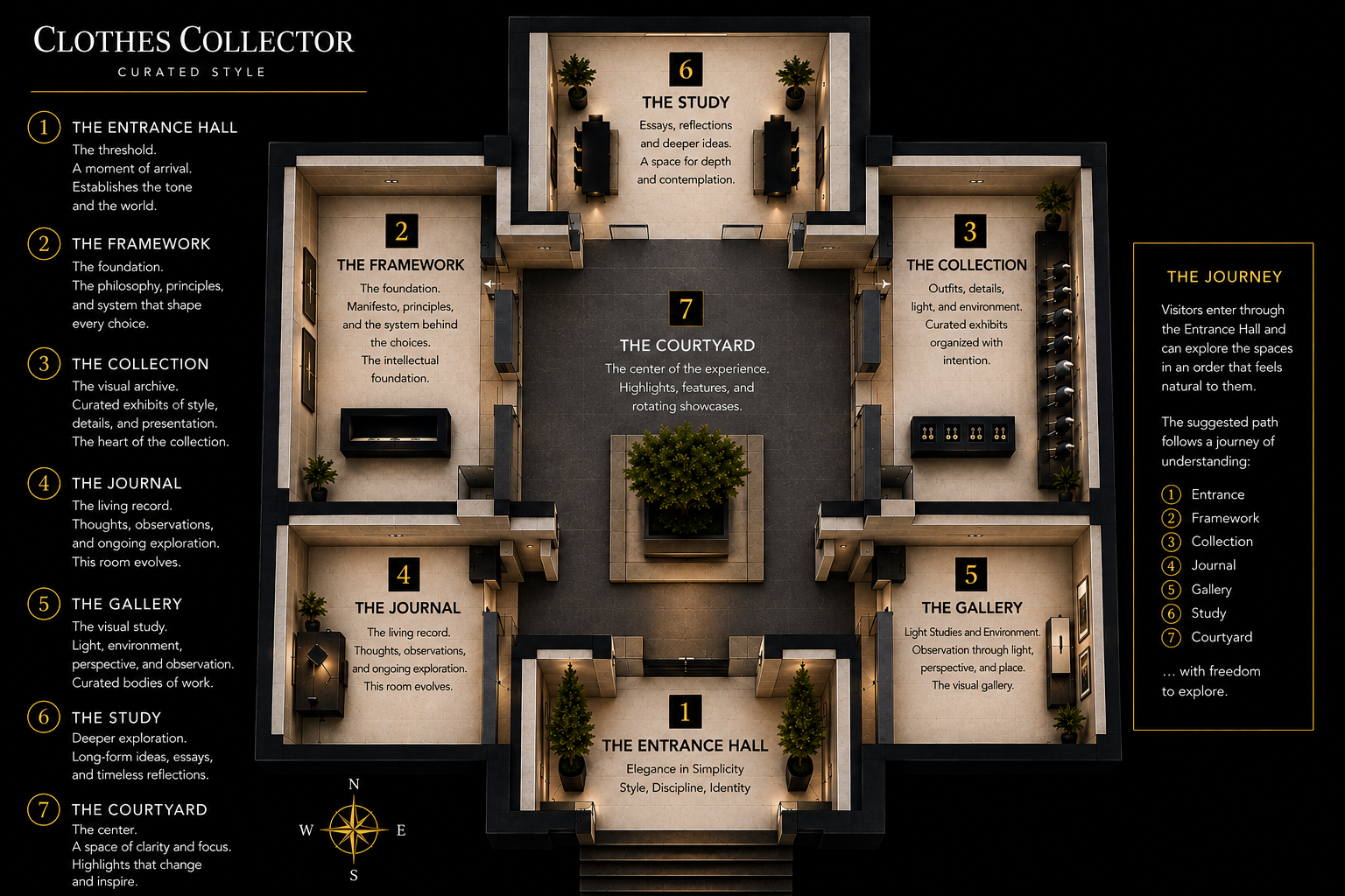 Floor plan of a curated style exhibit space called Clothes Collector, with a central courtyard surrounded by five main sections: Entrance Hall, Framework, Collection, Journal, Gallery, and Study, each with descriptive text and layout.