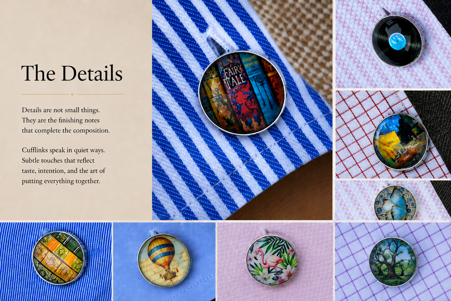 A collage of embroidered fabric with various cufflink designs including fairytale, hot air balloon, flamingo, butterfly, and tree scenes.