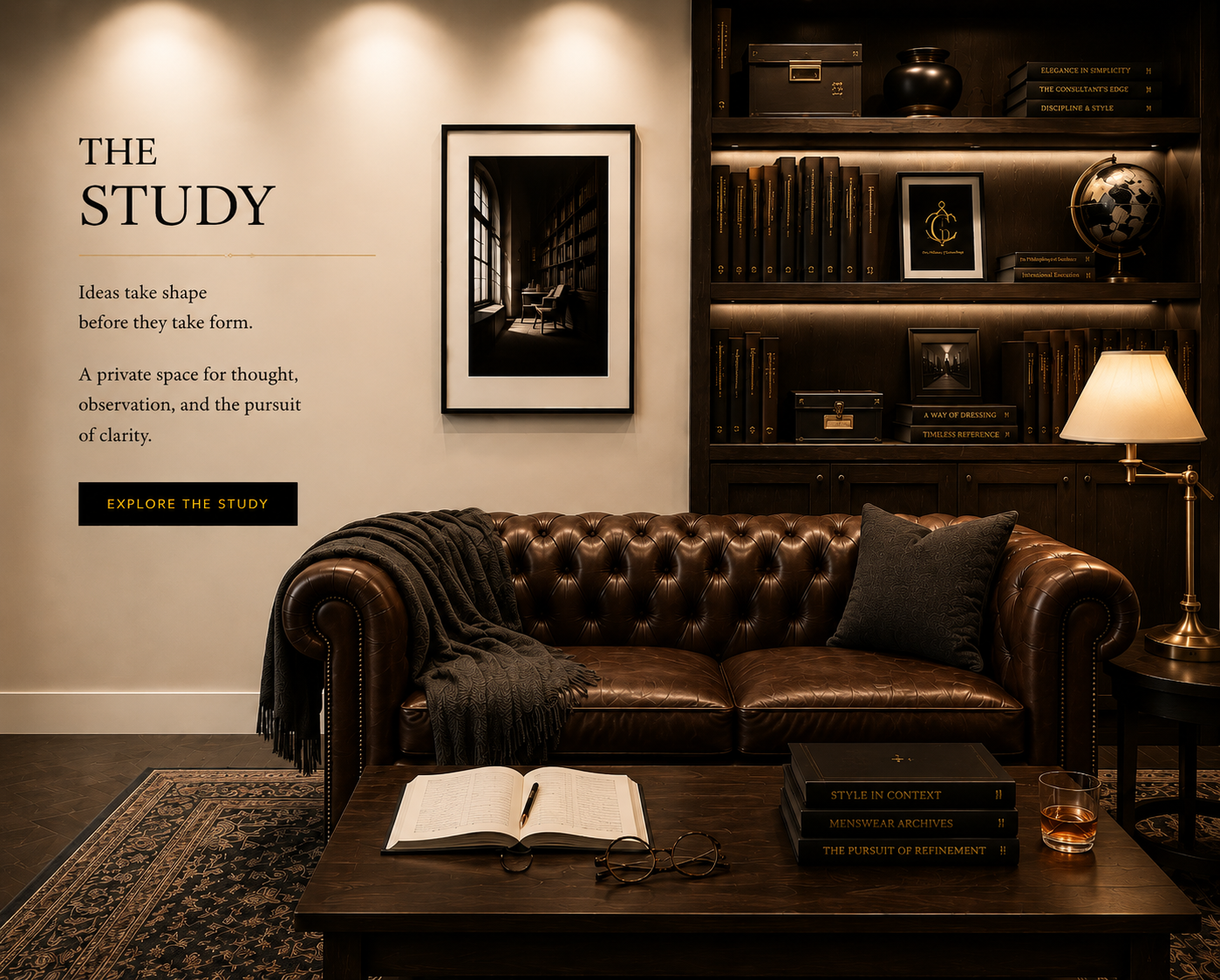 A cozy, well-decorated study room with a brown leather tufted sofa, a wooden coffee table with books and glasses, a table lamp, and a wall with a quote about ideas and clarity. The room has dark wooden bookshelves filled with books, decorative items, and framed pictures, with soft warm lighting creating an inviting atmosphere.