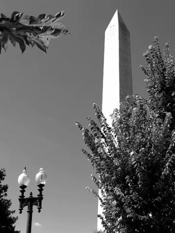 A tall obelisk monument behind trees and a street lamp with two globes.