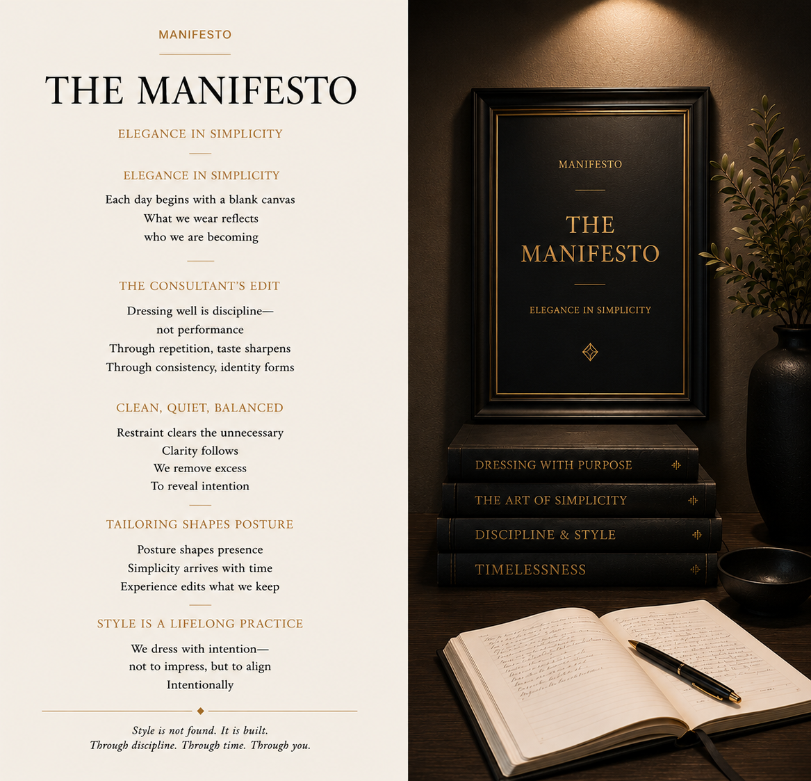 A printed manifesto titled "The Manifesto: Elegance in Simplicity" on the left, and on the right, a framed black and gold cover of a book titled "The Manifesto" with three more books underneath, an open journal with a pen, a black vase with a plant, and a black bowl on a wooden desk.