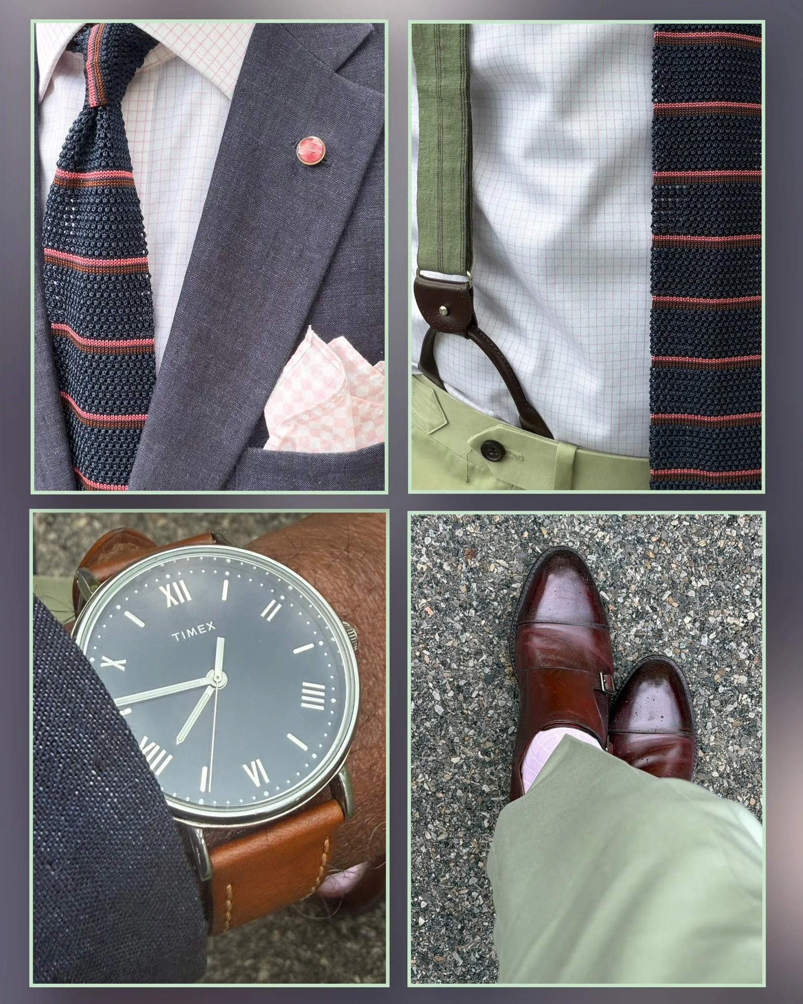 Collage of four close-up photos showing men's accessories and clothing; includes a striped knit scarf, a gray suit jacket with a pink lapel pin, a white shirt with a green strap, a watch with a brown leather band, and brown dress shoes worn with light green pants.