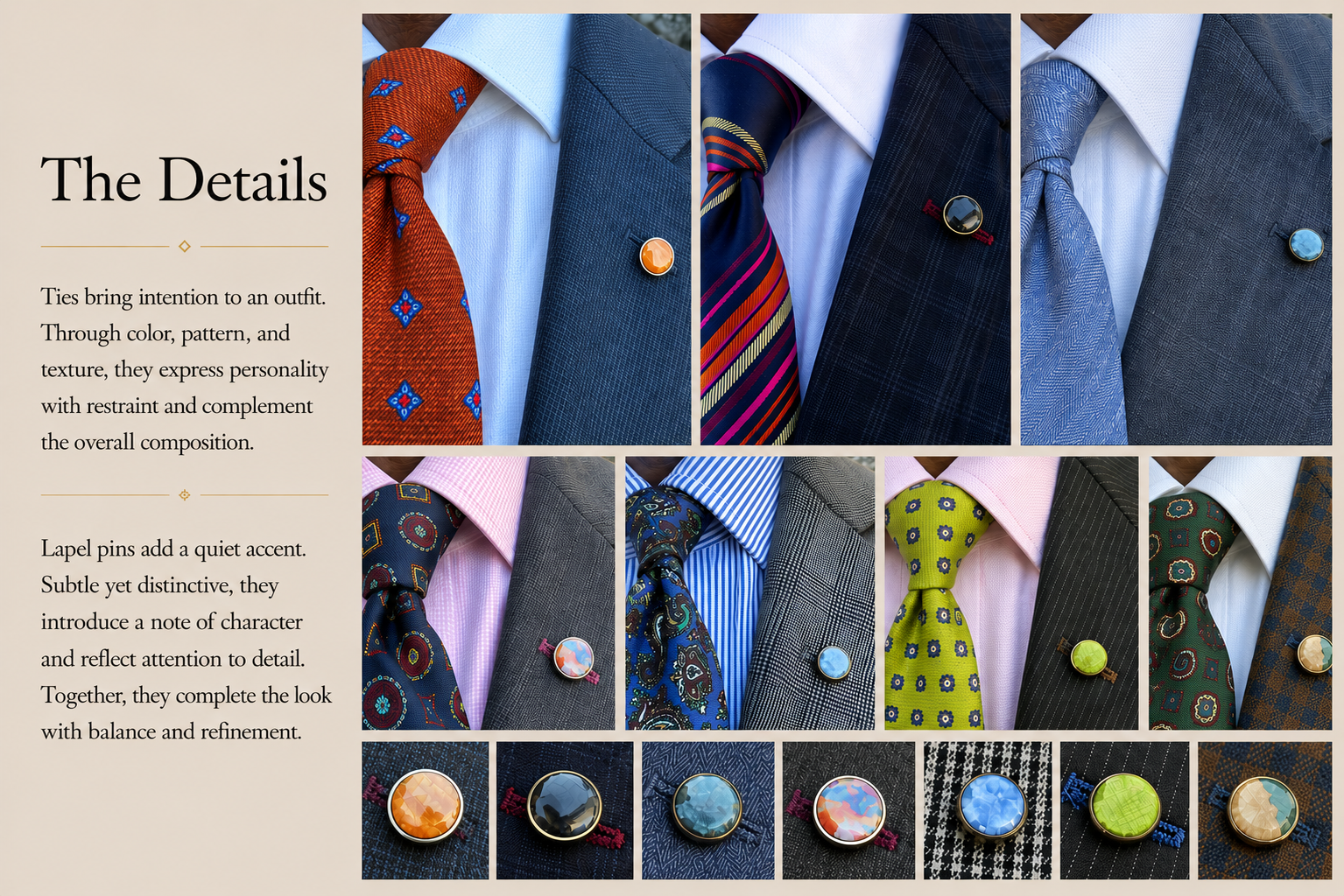 Display of men's formal outfits with focus on ties and lapel pins, showcasing patterns, colors, and textures, accompanied by descriptive text about details in fashion styling.