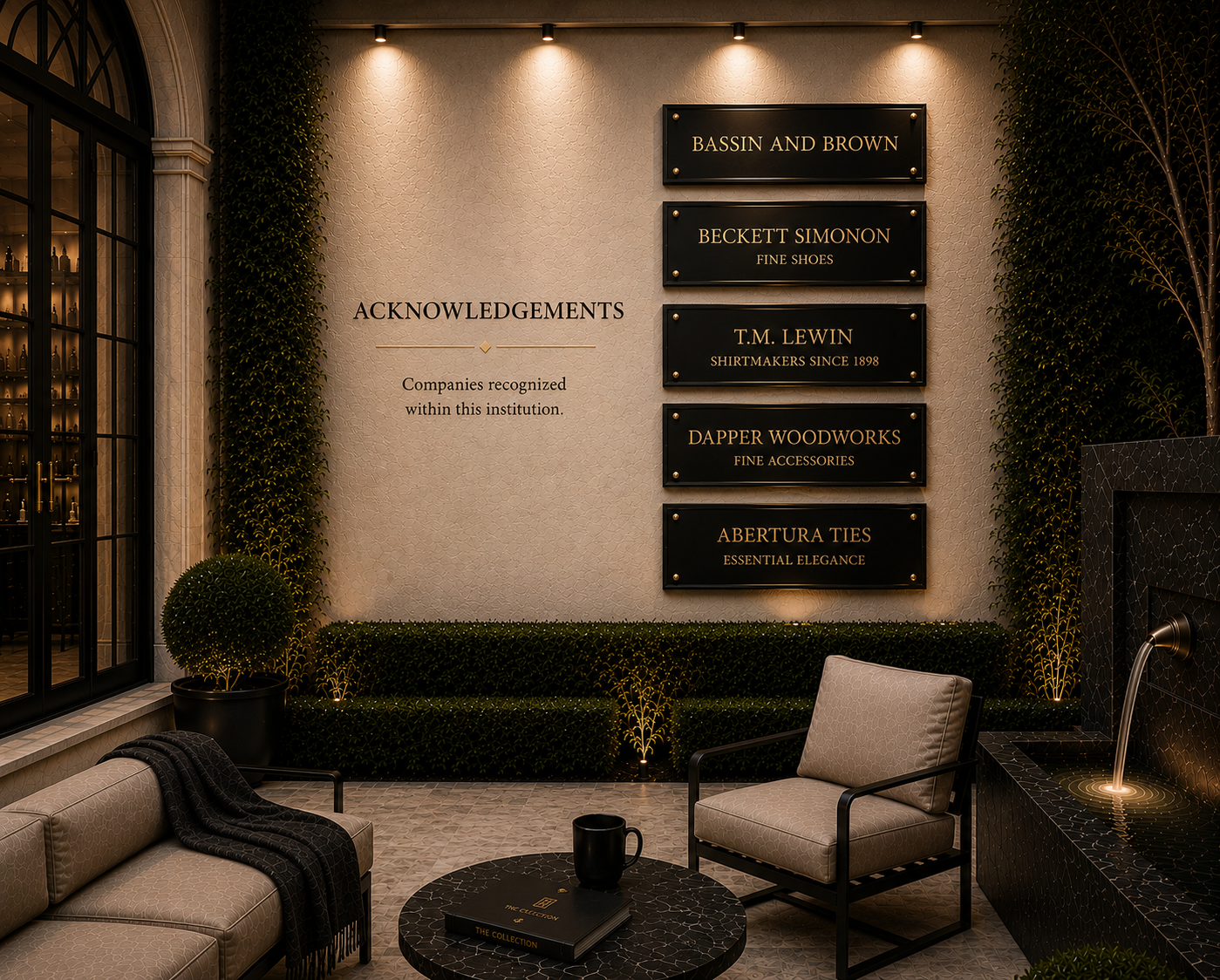 Interior of a sophisticated lounge area with a textured beige wall displaying black plaques with gold text recognizing various companies. The wall is framed with plants, lit by warm spotlights. There are beige armchairs, a black marble table with a book and a mug, and a black water fountain in the lower right corner.