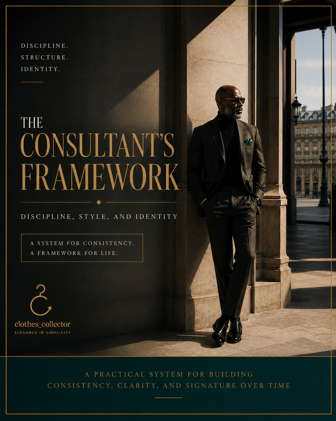 A man in a black suit, sunglasses, and dress shoes leaning against a stone column outside a building, with city buildings and streetlights in the background. Text promoting a consultant's framework for discipline, style, and identity.