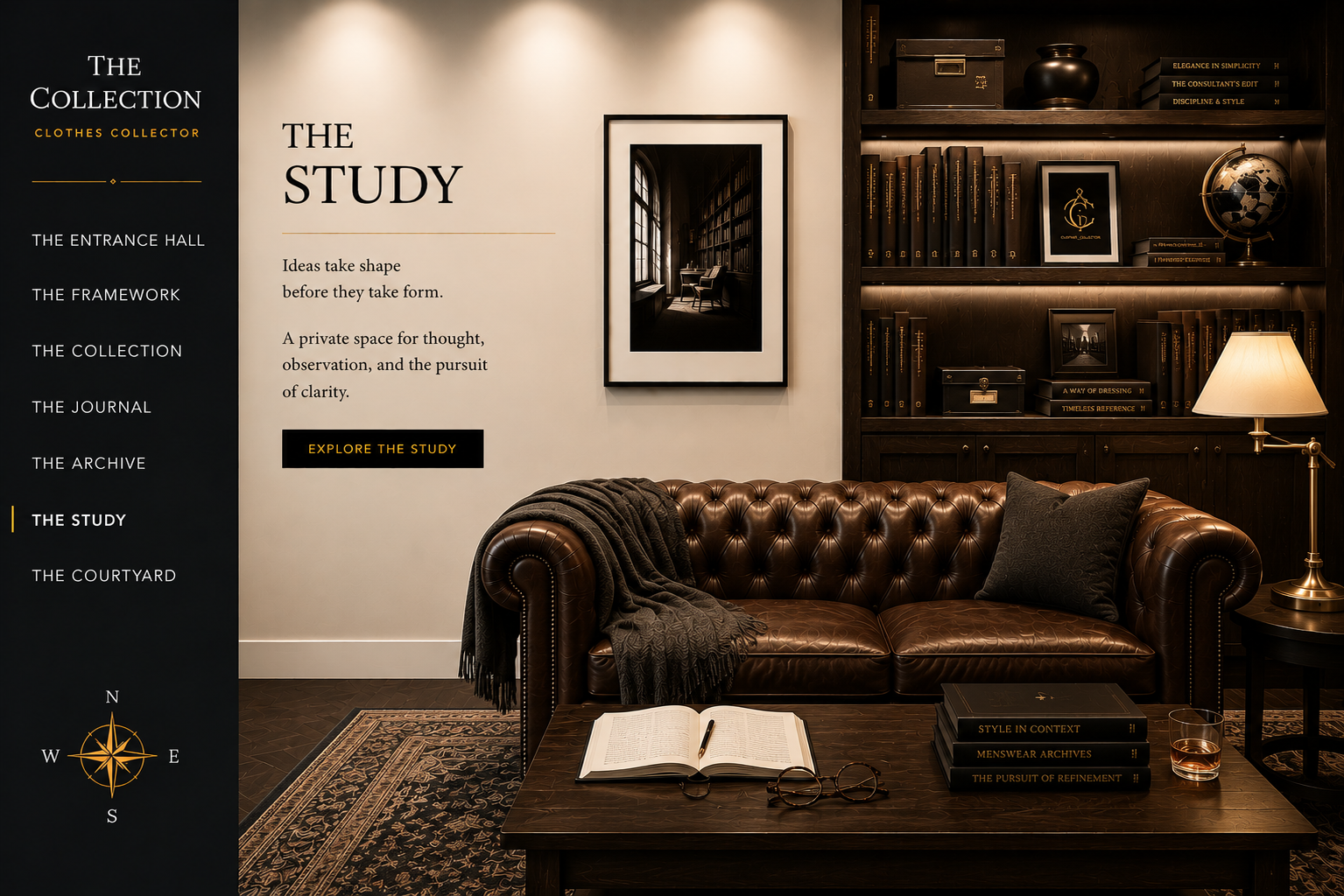 A cozy study room with a brown leather tufted sofa, a wooden coffee table with books and glasses, a side table with a lamp, dark wood shelves filled with books and decorative items, and framed pictures on the wall. The space has warm lighting and a dark, elegant atmosphere.