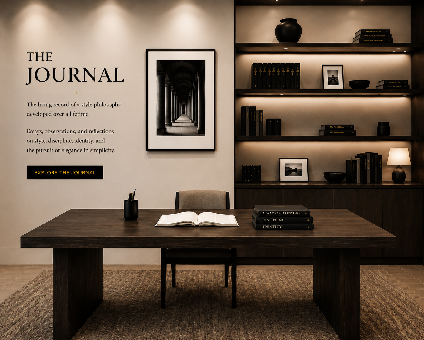 A modern, minimalist office with a dark wooden desk and bookshelf. The wall features framed black-and-white photographs and a large poster titled 'The Journal'. The desk has an open book, a small container with pens, and a stack of three books titled 'A Way of Dressing,' 'Discipline,' and 'Identity.' The bookshelf contains black books, decorative items, and a small lamp.