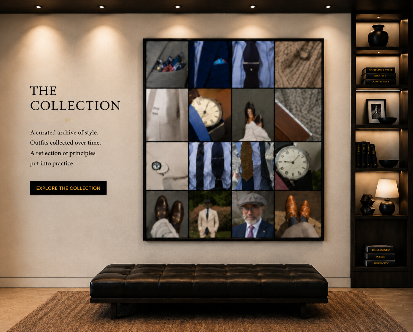 Interior of a stylish room with a curated fashion collection display on the wall, featuring a grid of vintage and contemporary clothing and accessories, a black bench in front, and built-in shelves with books, vases, and decorative items.