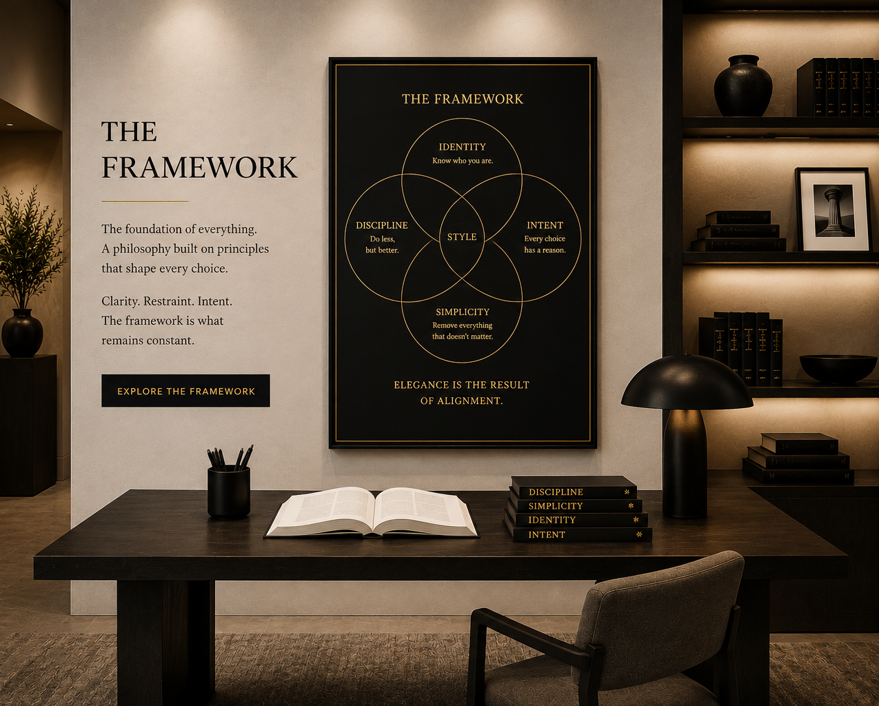 Interior of a room with a black framed poster titled 'The Framework' on the wall, featuring a Venn diagram with concepts: Identity, Discipline, Style, Intent, and Simplicity. To the left is text explaining the framework, with a button labeled 'Explore the Framework'. On a dark wooden desk, there are four stacked books titled 'Discipline,' 'Simplicity,' 'Identity,' and 'Intent,' an open book, and a black container holding pens. To the right is a black table lamp, and in the background, shelves with black books, vases, and a framed picture.