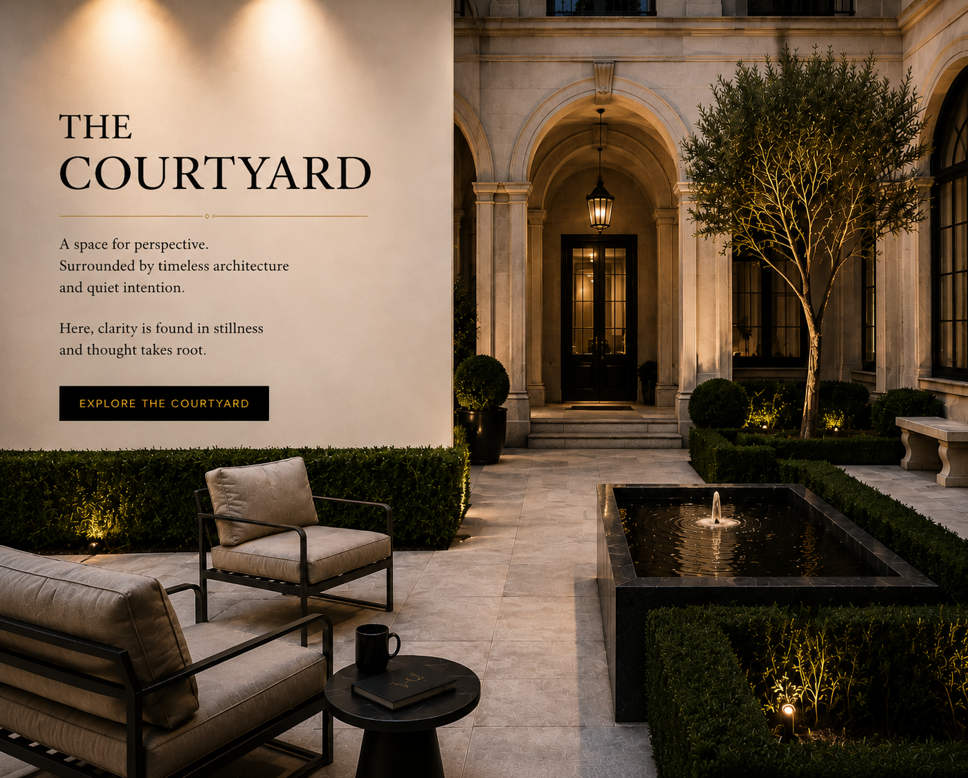 Luxurious courtyard with seating area, small fountain, greenery, and elegant architecture, illuminated at dusk.
