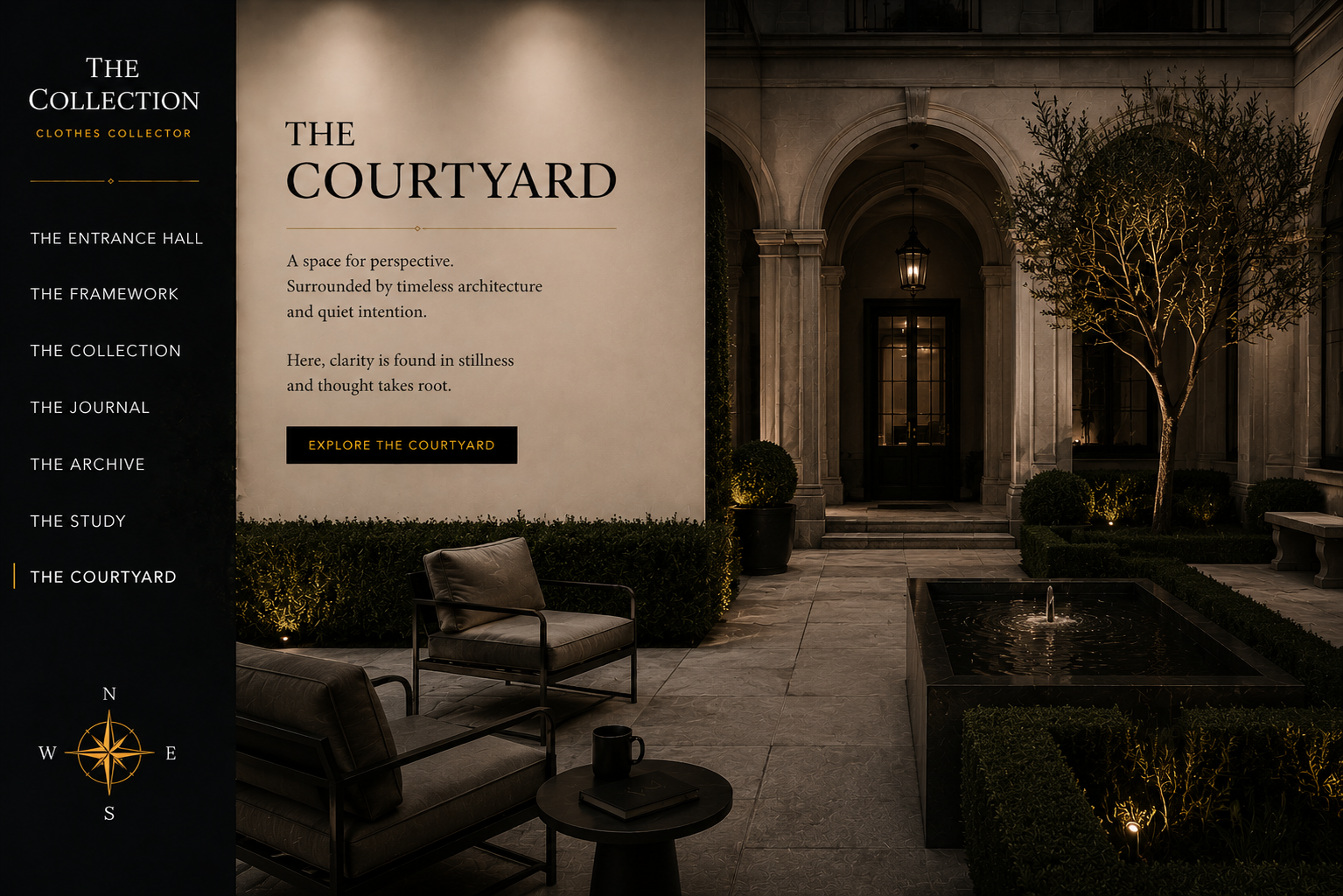 A website homepage for 'The Collection' features a section called 'The Courtyard' with a description about architecture and a button labeled 'Explore The Courtyard'. The background displays a sophisticated courtyard with trees, a small fountain, and elegant architecture illuminated at night.